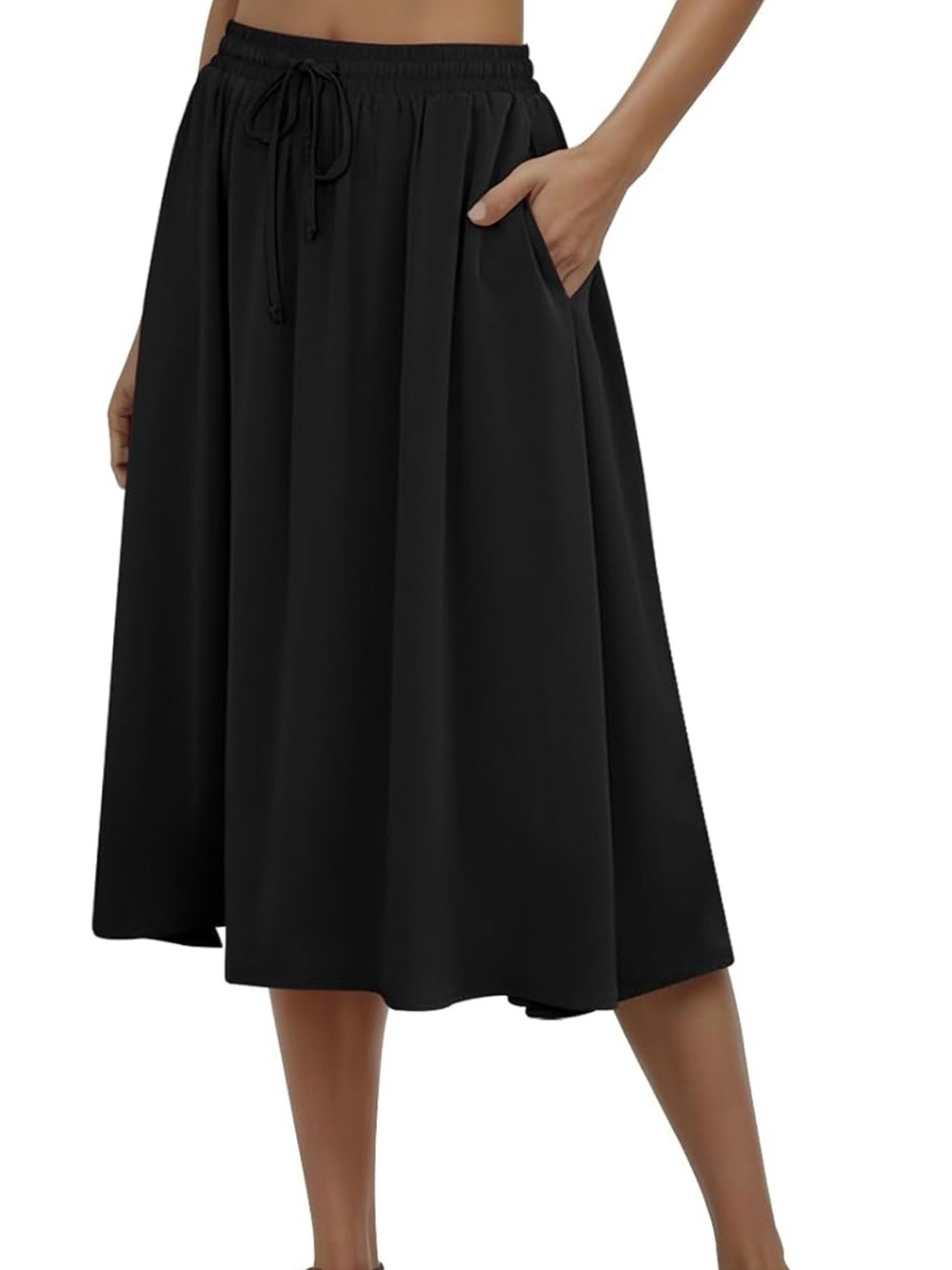 Women's Black Midi Skirt with Elastic Drawstring Waist and Pockets